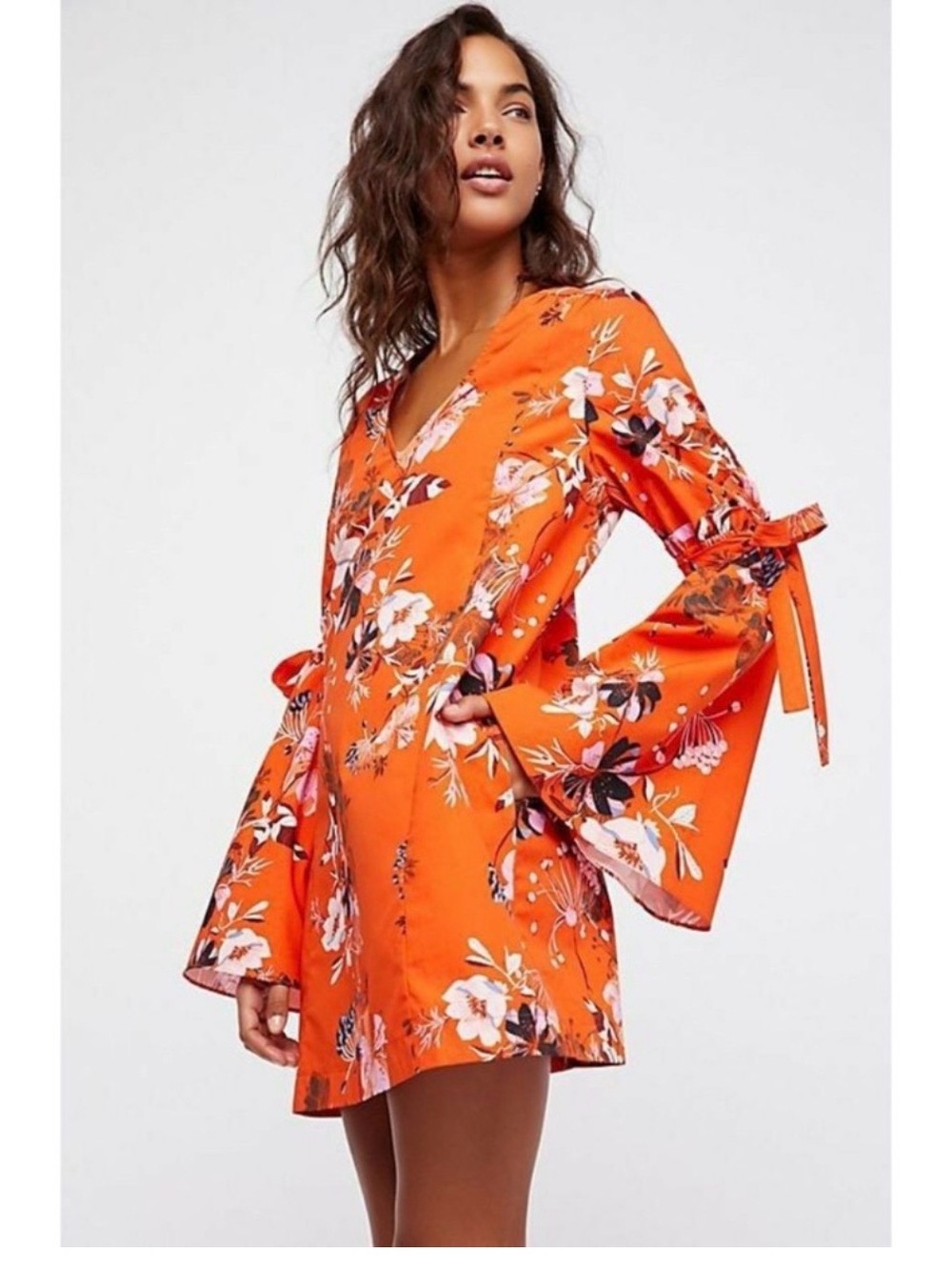 Free People Lover of Mine Orange Floral Botanical V-Neck Tie-Sleeve Mini Dress